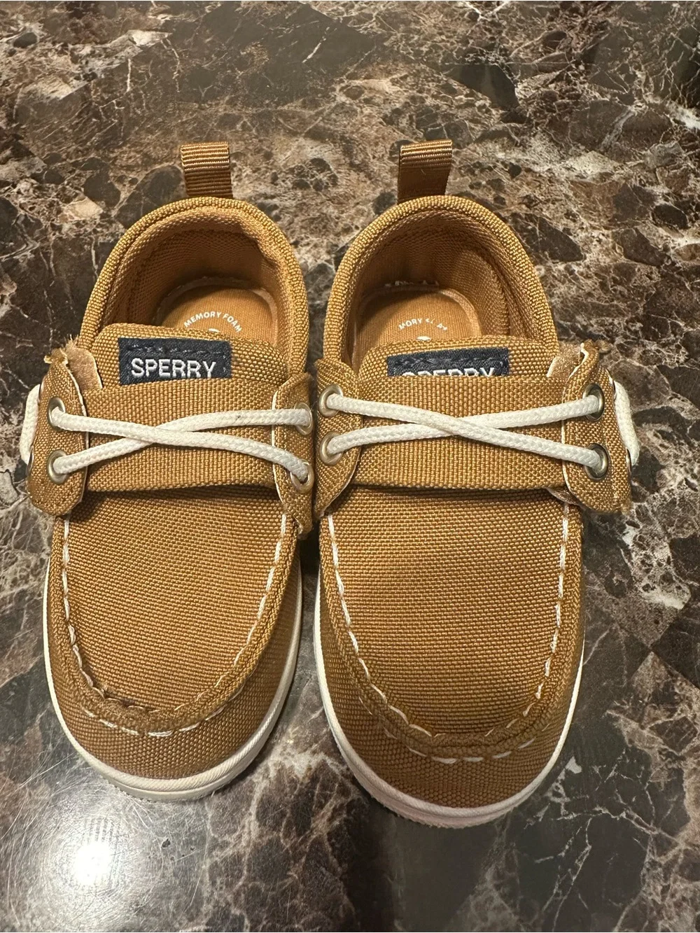 Sperry Kids Tan Canvas Moccasins with White Laces